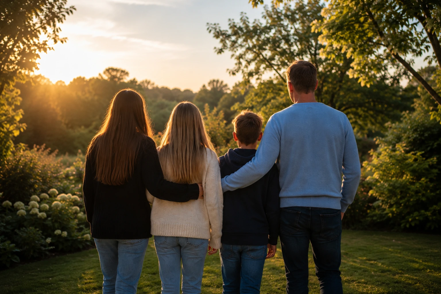 Familie bei Sonnenuntergang – Immobilienmakler Ben Jarosch steht für Werte wie Zusammenhalt und Zuhause