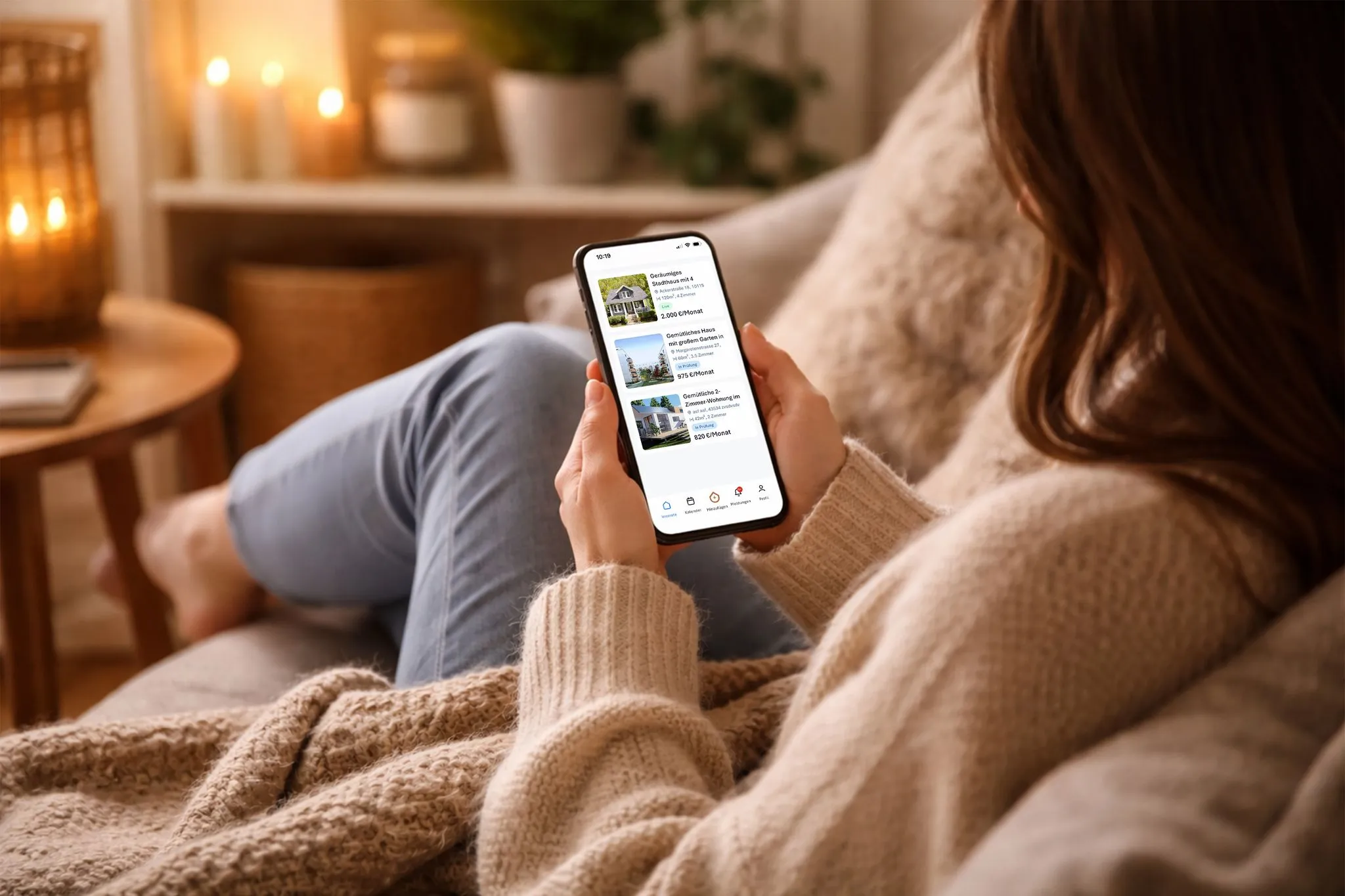 Frau nutzt die valy App auf dem Smartphone im Wohnzimmer